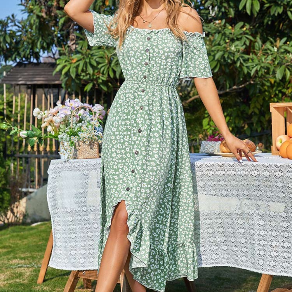Floral off-shoulder frill dress